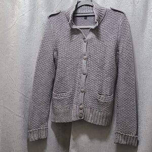 Talbots Cardigan Women's Gray Cashmere Wool Blend Military Chunky‎ Knit Sweater